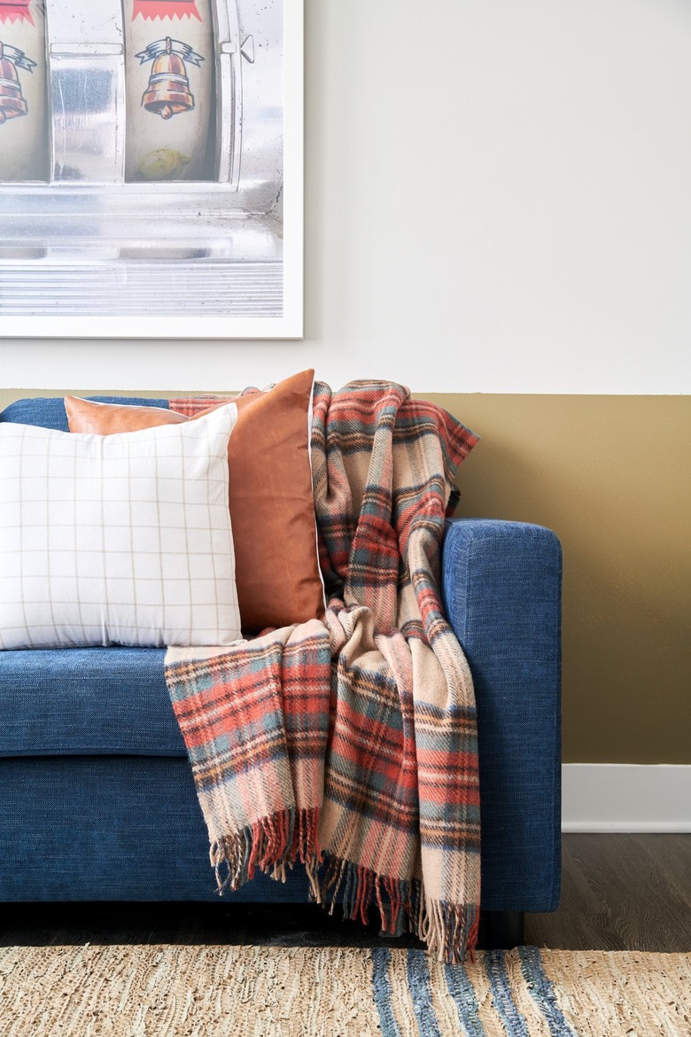 Traditional living room with blue couch